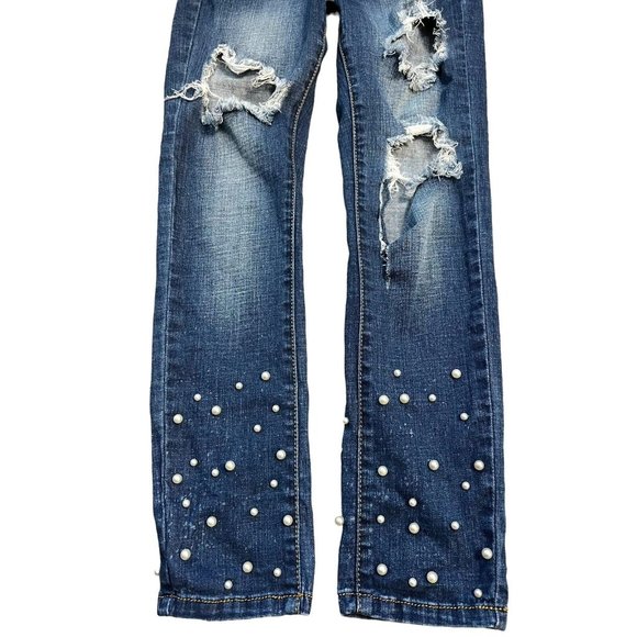 Machine Nouvelle Mode Jeans Skinny Ankle Distressed Faux Pearls Sz 26 Italy - Picture 4 of 10